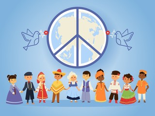 Peace united nations, vector illustration. People of different races, nationalities, countries and cultures holding hands. Peaceful characters in traditional costumes