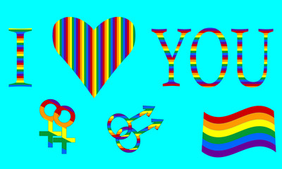 LGBT symbols, flag and sign love, icons, set. 