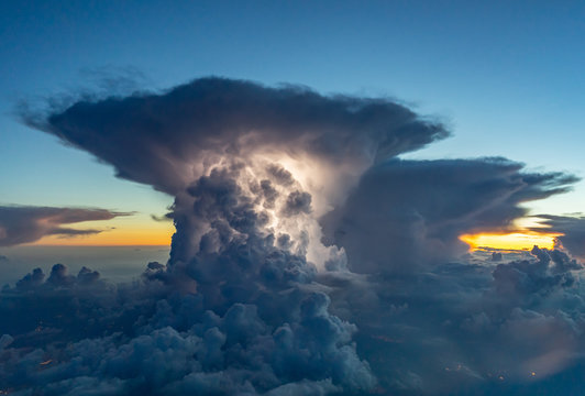 Thunderstorm with some lightning during sunset