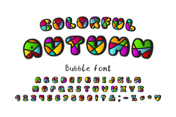 Colorful autumn bubble font. Uppercase English alphabet letters, numbers and signs. Bright multicolor typeface for autumn and kids design. Mosaic pattern and black color contour
