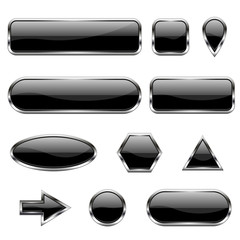 Black 3d icons. Glass shiny buttons