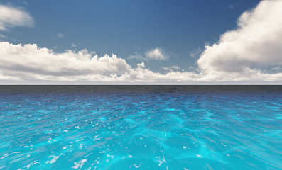 Beautiful tranquil natural vacation seascape with scenic ocean waves in tropical environment, deep clear transparent pure blue water background. A summer travel in paradise, peaceful 3D illustration