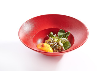 Eel Tartar sauce and passion fruit mousse closeup