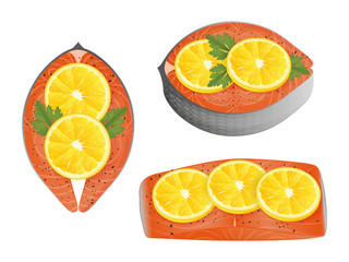 Set of slices of red fish with lemons. Object for packaging, advertisements, menu. Isolated on white. Vector illustration. Realistic.