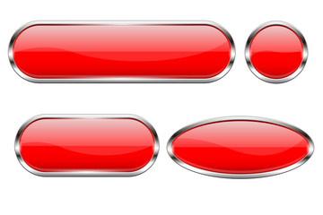 Red glass buttons. Set of 3d shiny icons with chrome frame