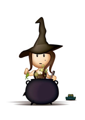 cute little witch about to drop snail in cauldron