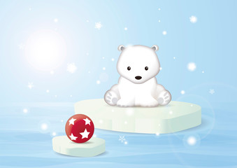 cute little polar bear with ball floating on iceberg