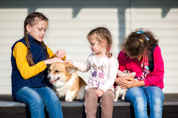 Three little girls are holding hands on their pets