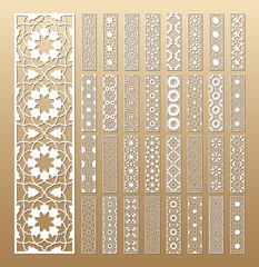 Laser cut vector panels (ratio 1:4). Cutout silhouette with geometric pattern. The set is suitable for engraving, laser cutting wood, metal, stencil manufacturing.
