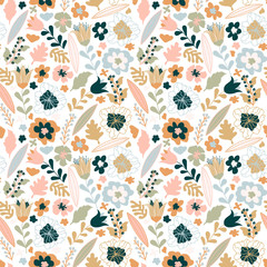 Organic floral seamless abstract background, botanical motif, pastel colors. Creative floral pastel texture. Seamless pattern with flowers, berryes, leaves