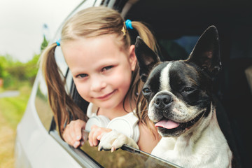 Child girl and dog - boston terrier - looking out the open car window