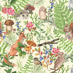 Ręcznie rysowane wzór z akwarela leśnych zwierząt i roślin. Wzór dla dzieci tapety, mieszkańcy drewna, urocze zwierzęta - 289263299