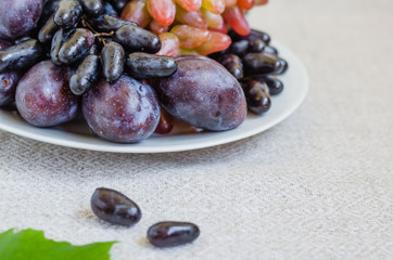 Autumn composition. Grape and plums on the white bowl