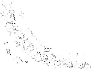 Music notes symbols flying vector background. Notation melody record silhouettes. Audio album background. Gray scale melody sound notation.