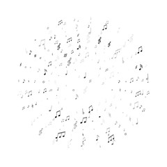 Music notes, treble clef, flat and sharp symbols flying vector illustration. Notation melody record silhouettes. Rock music studio background. Greyscale musical note.