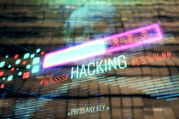 Cyber piracy concept drawing hologram with abstract background. Multi exposure.