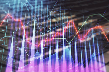Financial chart hologram with abstract background. Double exposure. Concept of market analysis
