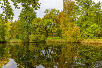 The famous Lower Park in Peterhof in autumn cloudy weather.