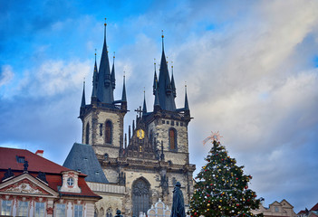 Obraz premium Prague, Czech Republic, old market square with church towers and christmas tree