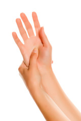 Woman hands massage, acupressure point.