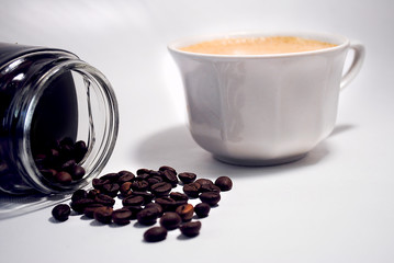 coffee beans, cup of coffee, white background