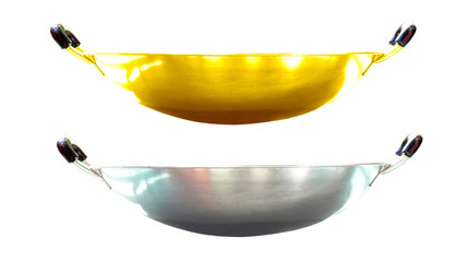 Gold and silver pans white background isolat