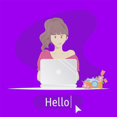 Avatar Hello. Woman sitting at table with laptop