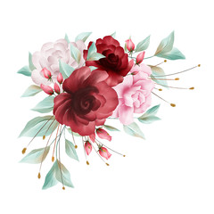 Beautiful watercolor flowers arrangements decorative. Floral illustration of red roses, peonies, leaf, bud, and branches. Wedding invitation or greeting cards border composition