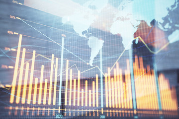 Double exposure of stock market graph and globe hologram on empty exterior background. Concept of analysis