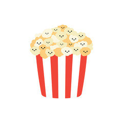 Striped bucket full of cute little popcorn characters cartoon vector illustration.