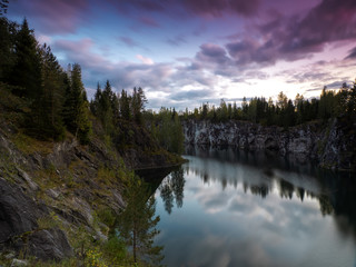 Sunset over the abandoned marble quarry in Ruskeala. Republic of Karelia, Russia