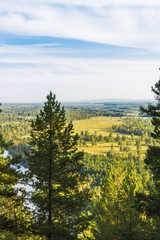 Autumn landscape of a river valley. Vertical photo. Bird's-eye view. Russia, Eastern Siberia.