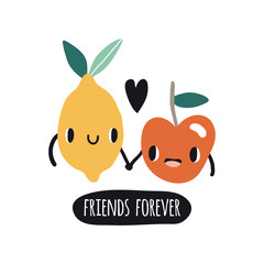 Friends forever. Print with lemon and apple