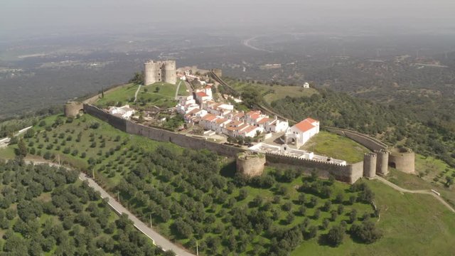 Aerial drone view of Evoramonte and castle in Alentejo, Portugal