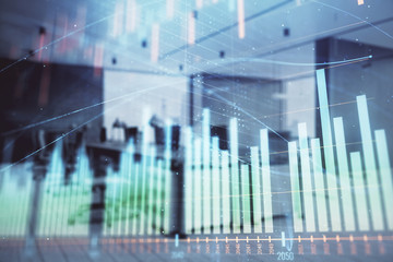 Stock market chart with trading desk bank office interior on background. Double exposure. Concept of financial analysis