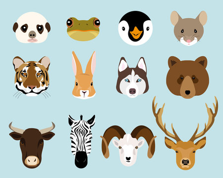 Set of animal heads. Flat style vector illustration.