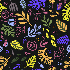Seamless background with bright abstract floral pattern. Vector illustration on black background.