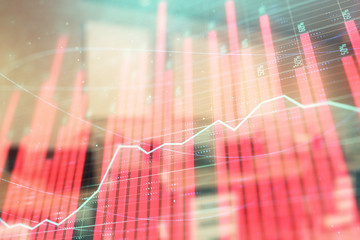 Stock market chart with trading desk bank office interior on background. Double exposure. Concept of financial analysis