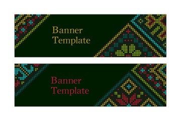 Christmas banner templates. Ethnic style romantic colorful embroidered background. Rhombus cross-stitch pattern. Scandinavian winter folk design.