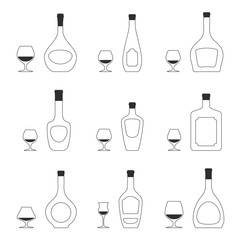 Vector set of 9 different snifters and 9 bottles of brandy silhouettes. Isolated objects on white background. Fully editable brandy glasses collection for packaging, decor, menu, wine list design.