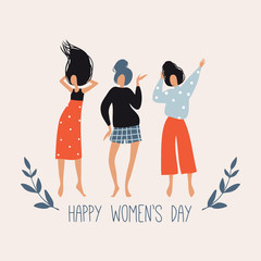 Happy Women's Day. Vector template with cute dancing girls, leaves and flowers. Spring greeting card, poster design for International Women's Day 8 March holiday. Flat hand drawn doodle illustration