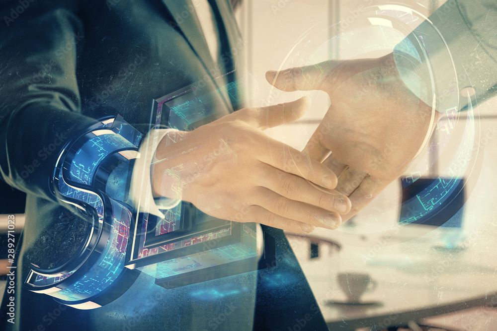 Poster multi exposure of seo icon hologram on office background with two men handshake. concept of data sea