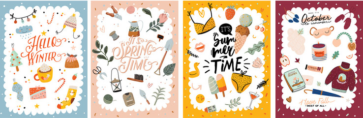 Four Seasons background. Sale banners with Winter, Spring, Summer, Autumn elements 