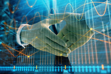 Plakat Multi exposure of forex graph on abstract background with two businessmen handshake. Concept of success on stock market