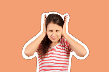 an exasperated girl covered her ears with her hands. emotional girl Magazine collage style with...