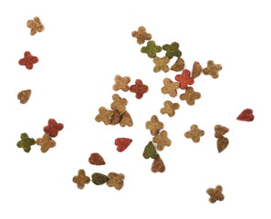 Pet food, granules isolated on white background, top view