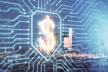Fototapeta premium Double exposure of business drawing hologram on cityscape background.