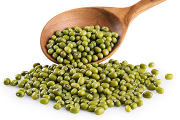 Wooden spoon with mung beans isolated on white background.