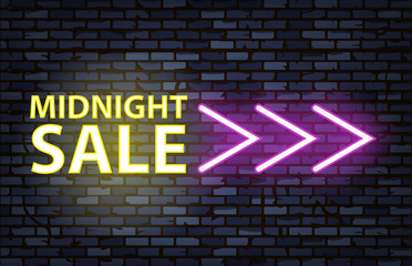 mid night sale on neon sign with brick wall