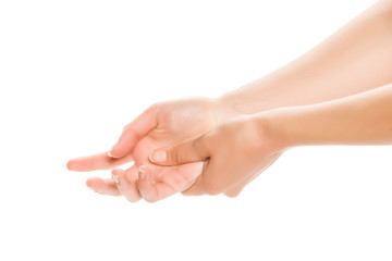 woman applying cream on her hand and massaging. Isolated on white, close up.